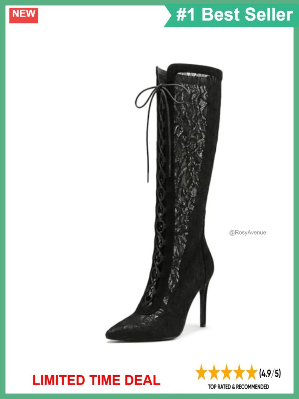 Souactimuy Lace Knee High Boots Pointed Toe Stiletto Heel Sheer Mesh Lace Up